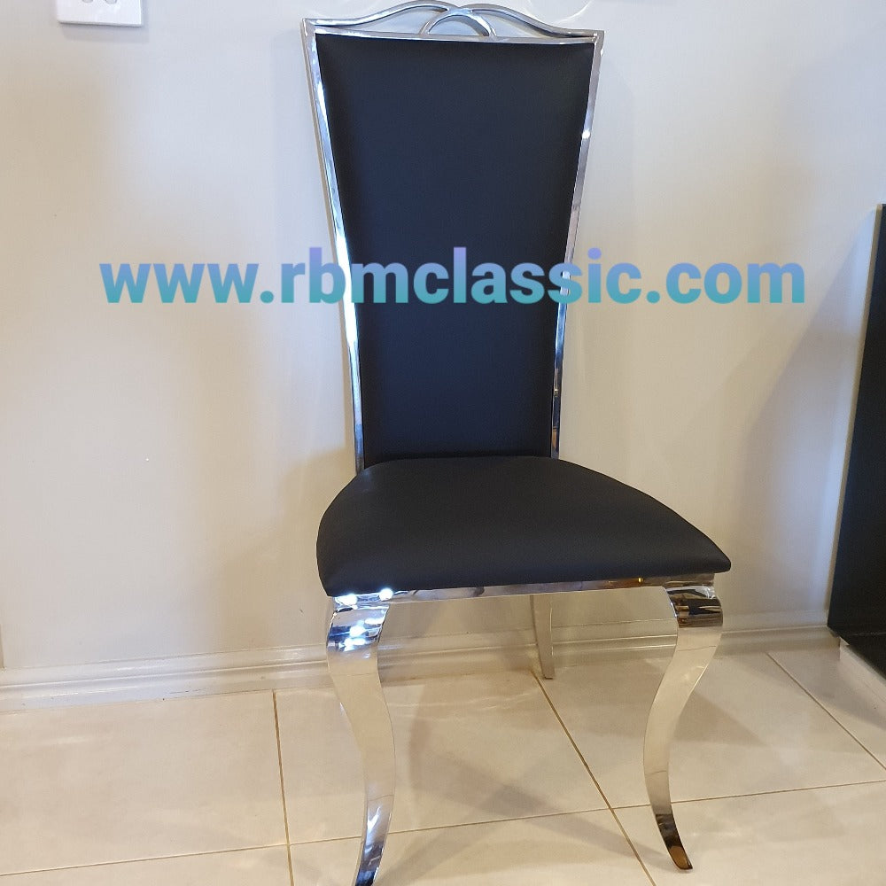 Classic Marble Dining Table with 6 Black Leather Dining Room Chairs in Silver Stainless Steel frame