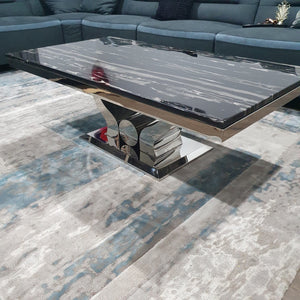 Modern Black Grey Marble Coffee Table with Silver Stainless Steel Frame