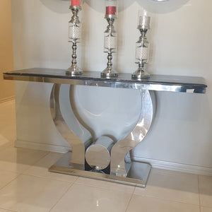 Modern Stylish U-Shaped Marble Hallway Console Table With Silver Stainless Steel Frame With Wall Mirror