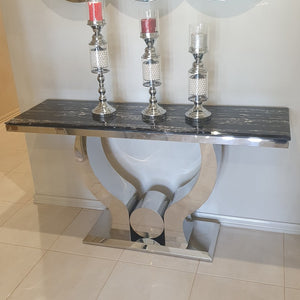 Modern U-Shaped Marble Hallway Console Table With Silver Stainless Steel Frame With Mirror