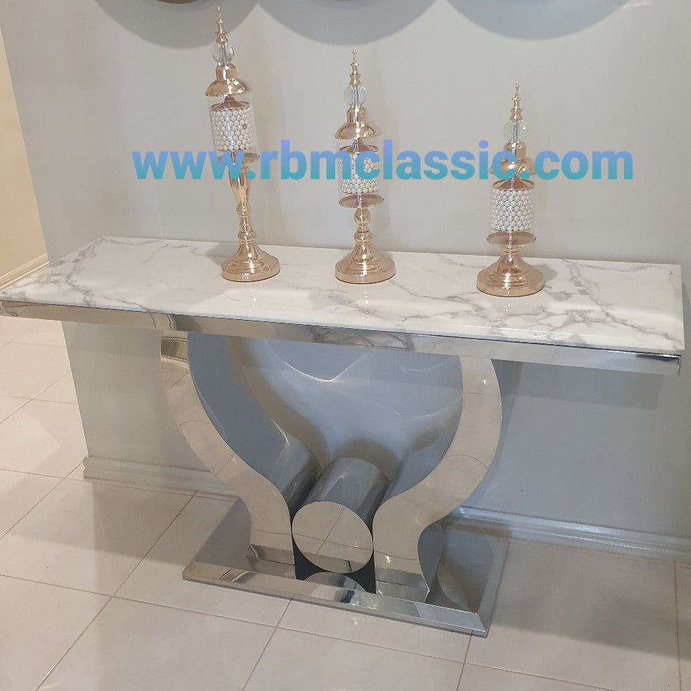 Luxury and Stylish Modern Classy Marble Hallway Console Table with Silver Stainless Steel Frame