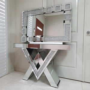 Silver Luxury and Stylish Glass Mirror Console Table and Mirror with Crushed Diamond Glass