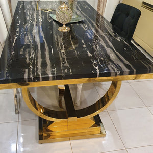 Marble Dining Table with 6 Black Leather Dining Room Chairs in Gold Stainless Steel frame