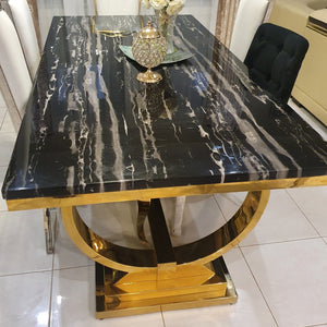 Classic Marble Dining Table with 8 Dining Room Chairs in Gold Stainless Steel frame