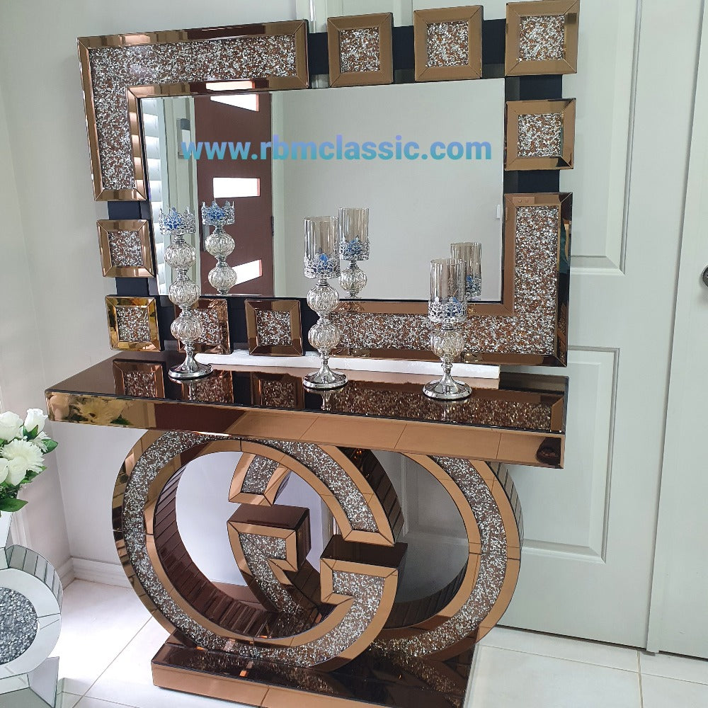 Diamond Crushed Mirrored Glass GG Style Hallway Console Table and Mirror set in Rose Gold Colour