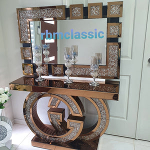 Diamond Crushed Glass Rose Gold Diamond Crushed GG Mirrored Console Table and Mirror
