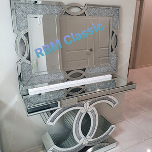 Classy Silver Chanel Shaped Style Hallway Console Table and Mirror with Diamond Crushed Glass