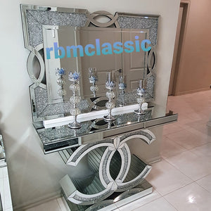 Modern Silver Chanel Style Hallway Console Table and Mirror with Diamond Crushed Glass