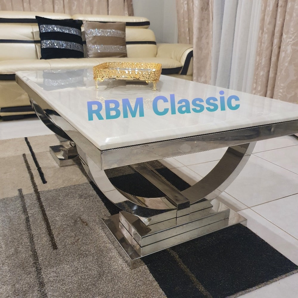 Classy Creamish Marble Coffee Marble coffee Table with Silver Stainless Steel Frame