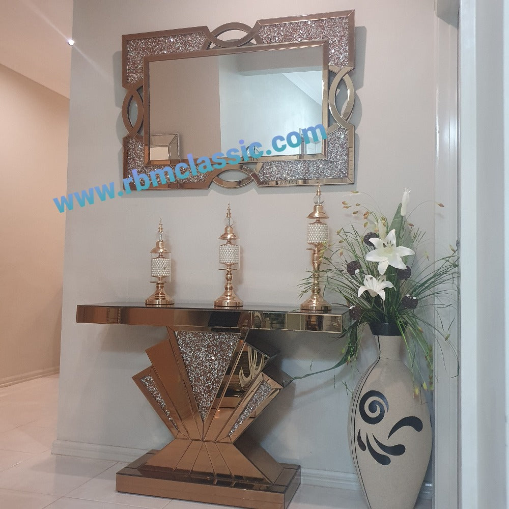 T-Shaped Luxury and Stylish Glass Mirror Console Table and Mirror in Rose Gold with Crushed Diamond Glass