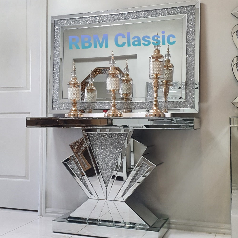 Classy Modern T-Shaped Luxury and Stylish Glass Mirror Console Table and Mirror in Silver with Crushed Diamond Glass