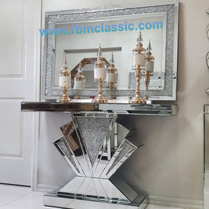RBM Classic Home Online Furniture Store with a Range of Classy Modern T-Shaped Luxury and Stylish Glass Mirror Console Table and Mirror in Silver with Crushed Diamond Glass.