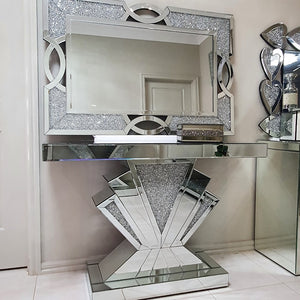 RBM Classic Home Online Furniture with a Range of Classy Modern T-Shaped Luxury and Stylish Glass Mirror Console Table and Mirror in Silver with Crushed Diamond Glass.