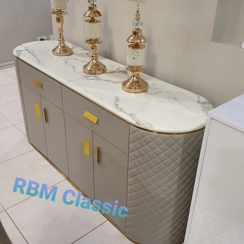 Dining Buffet Cabinet in Bronze Storage Dining Room Buffet Cabinet with  4 shelves and 2 Drawers in Grey MDF and Bronze