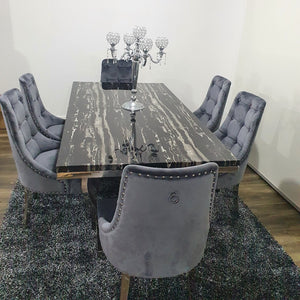 RBM Classic Home Online Quality Furniture Store Luxurious and Stylish Elegant Marble Dining table with 6 Modern Grey Velvet Dining Room Chairs in Silver Stainless Steel Frame