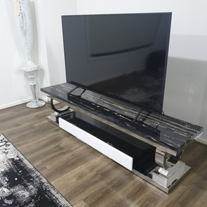 Marble TV Stand with Stainless Steel frame in Silver