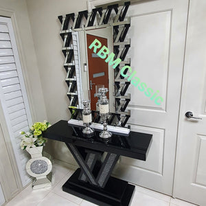 Modern Black LV Hallway Console Table and Mirror with Diamond Crushed Glass set