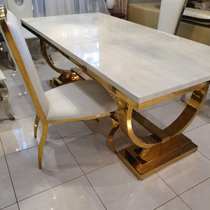 Marble Dining Table with 8 Dining Room Chairs in Gold Stainless Steel frame