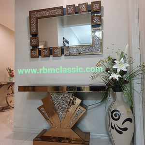 Rose Gold Diamond Crushed Mirrored Glass Hallway / Entry Console Table and Mirror