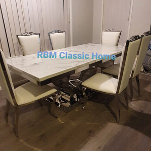 Modern Marble Dining Table with 6 Chairs in Silver Stainless steel frame