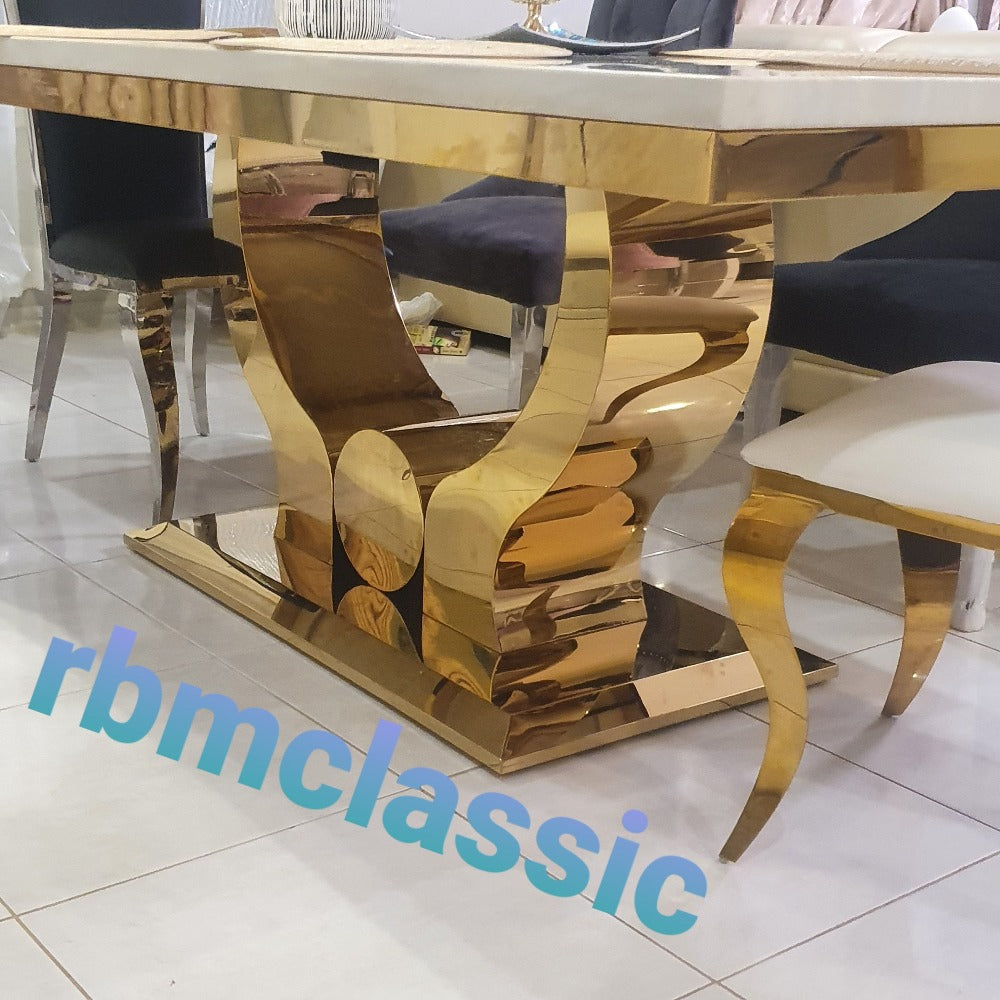 Marble Dining Table with 6 Chairs set in Gold frames