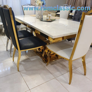 Marble Dining Table with 6 chairs in Gold Stainless steel frame