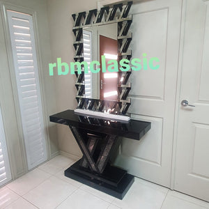Classic Black LV Hallway Console Table and Mirror with Diamond Crushed Glass