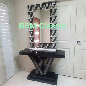 Black Diamond Crushed Glass LV Hallway Entry Console Table and Mirror set