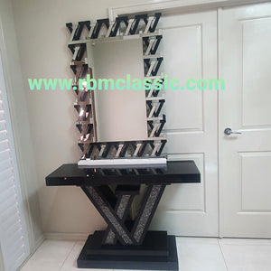 Classy Black LV Hallway Console Table and Mirror with Diamond Crushed Glass 