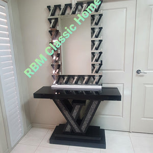 Classy Black LV Shaped Style Hallway Console Table and Mirror with Diamond Crushed Glass