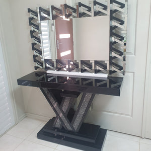 Classy Black LV Hallway Console Table and Mirror with Diamond Crushed Glass
