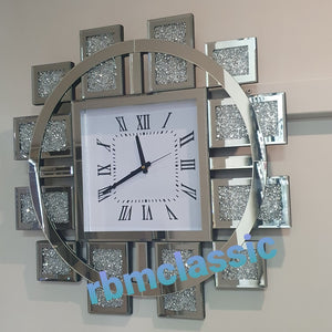 RBM Classic Home Diamond Crushed Glass Mirrored Silent Wall Clock with an Elegant, Luxurious Look for Perfect Decoration