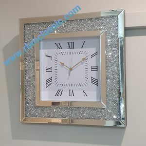Diamond Crushed Glass Mirrored Silent Wall Clock in Silver