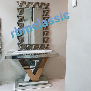 Glass Hallway Console Table and Mirror in Silver and Rose Gold