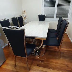 Marble Dining Table with 8 Dining Room Chairs in Silver Stainless Steel frame