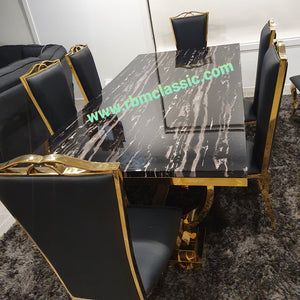 Classic Marble Dining Table With Black Leather Dining Room Chairs in Gold Stainless Steel Frame