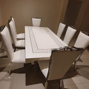 Versace Rectangular Marble Dining Table in White with Marble frame and Classic White Leather Chairs in Silver Frame