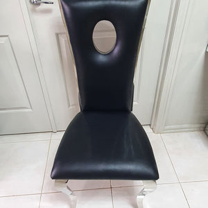 Black Leather Circle Dining Chairs with silver stainless steel frame