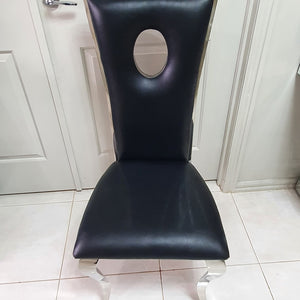 Classy Marble Dining Table with 6 Black Leather Chairs in Silver Stainless steel frame