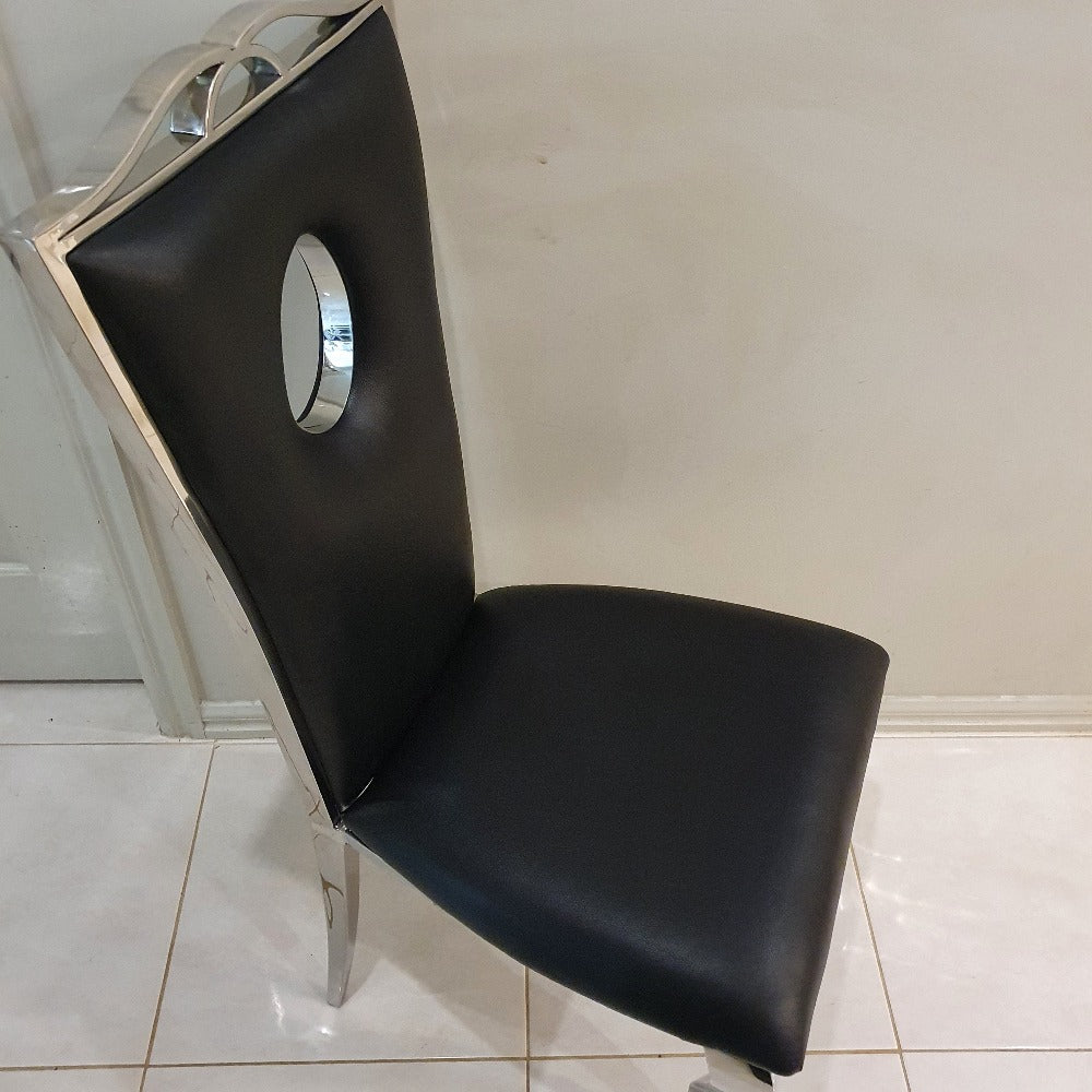 Black Leather Circle Dining Chairs with silver stainless steel frame