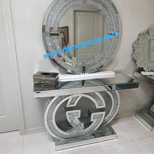 Diamond Crushed Mirrored Glass GG Hallway Console Table and Mirror in Silver