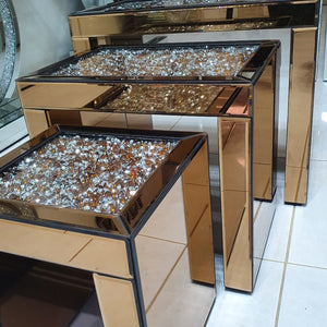 Rose Gold Diamond Crushed Glass Nested Side Tables in set of 3