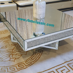 Mirrored Square Diamond Crushed Glass Coffee Table in Silver