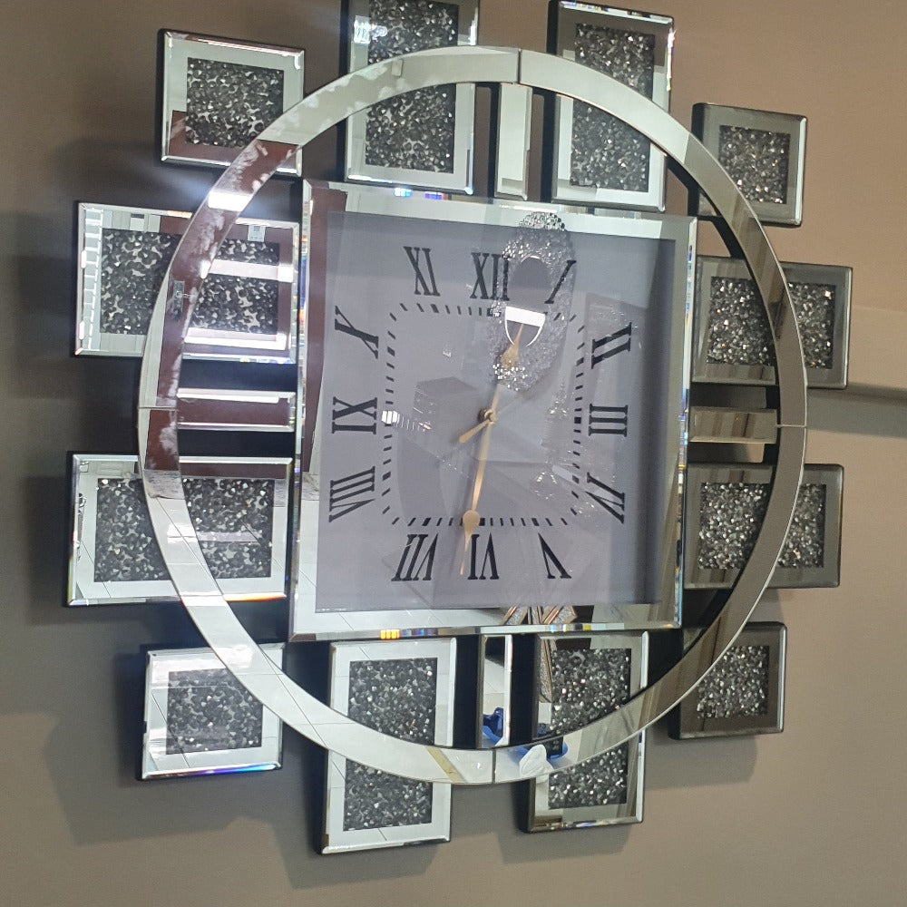 Diamond Crushed Glass Mirrored Silent Wall Clock in Silver