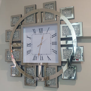 RBM Classic Silver Diamond Crushed Glass Mirrored Silent Wall Clock with an Elegant, Luxurious Look for Perfect Decoration