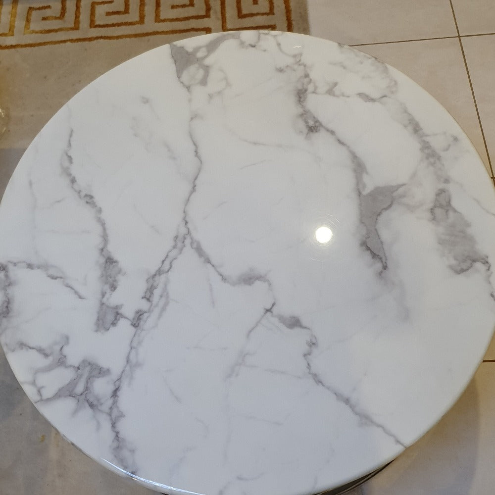 Classy Round White Grey Marble Coffee Marble coffee Table with Silver Stainless Steel Frame