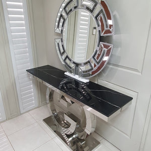 GG Style Marble Hallway Console Table in Silver Stainless Steel Frame with Circle Mirror