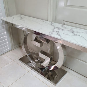 GG Style Marble Hallway Console Table in Silver Stainless Steel Frame