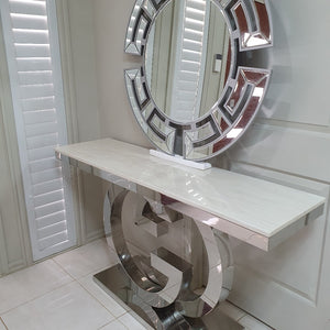 GG Style Marble Hallway Console Table in Silver Stainless Steel Frame with Circle Mirror Classy