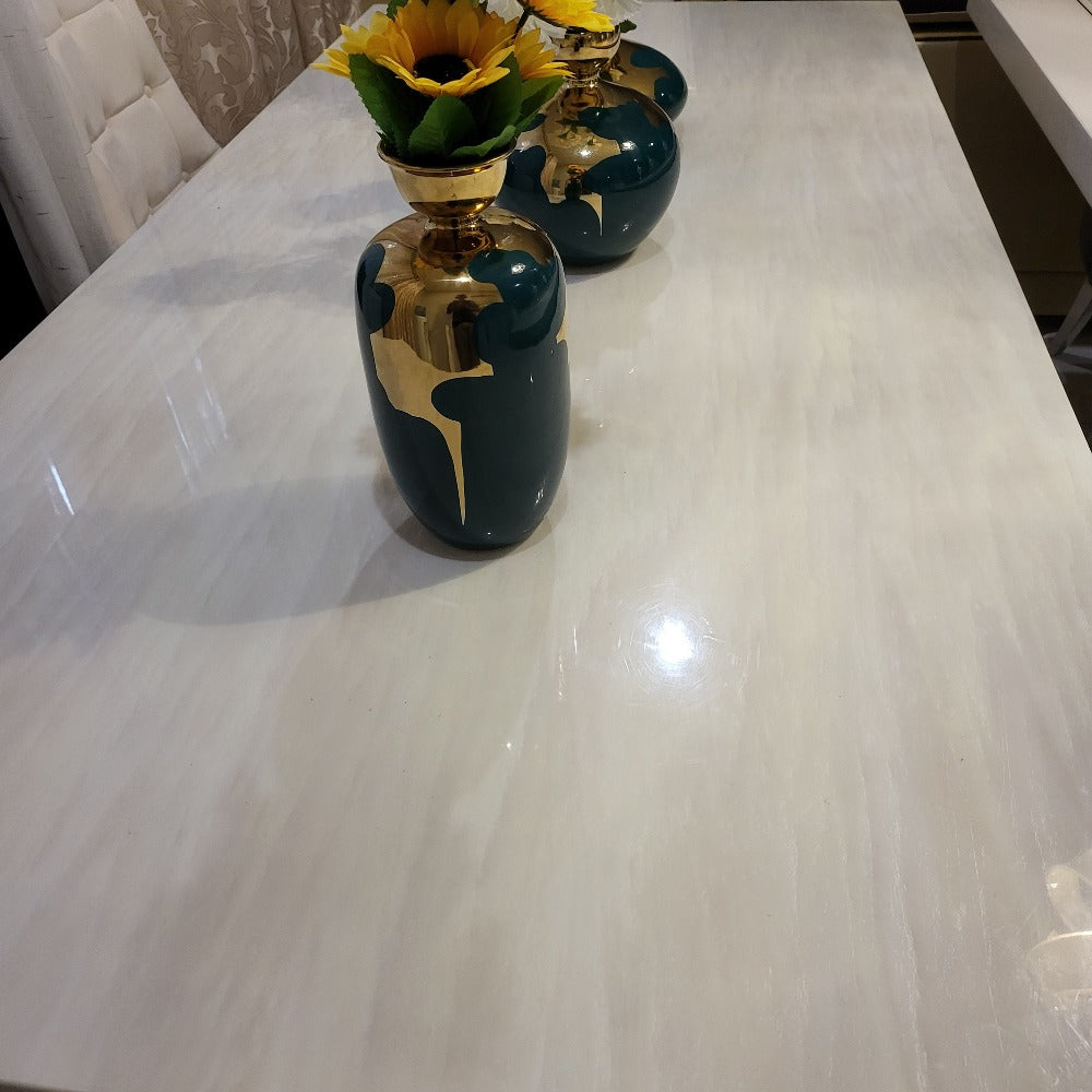 Modern Classy Marble Dining Table with 8 Cream Velvet in Silver Stainless Steel frame